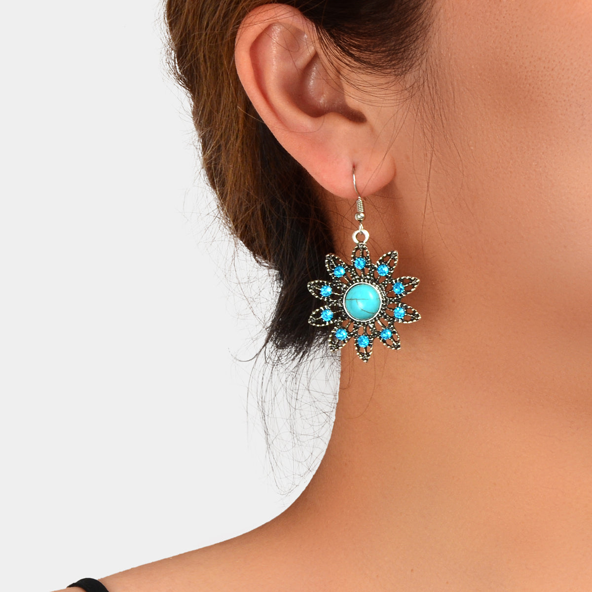 Blue Turquoise Flower Dangle Earrings